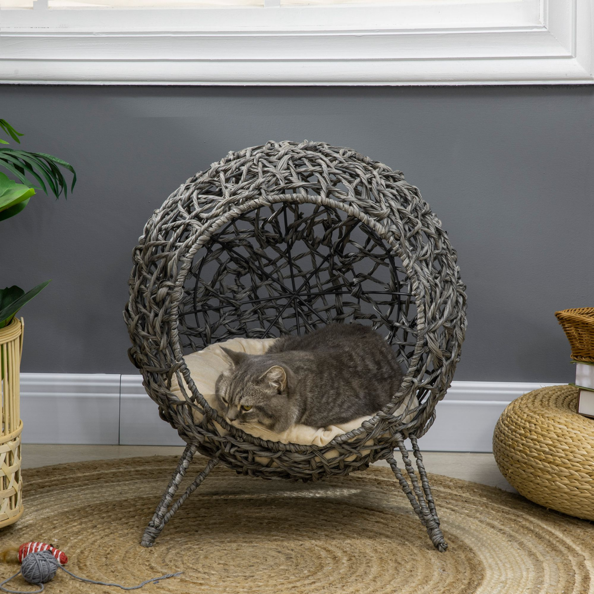Rattan Sphere Cat Hideaway Bed