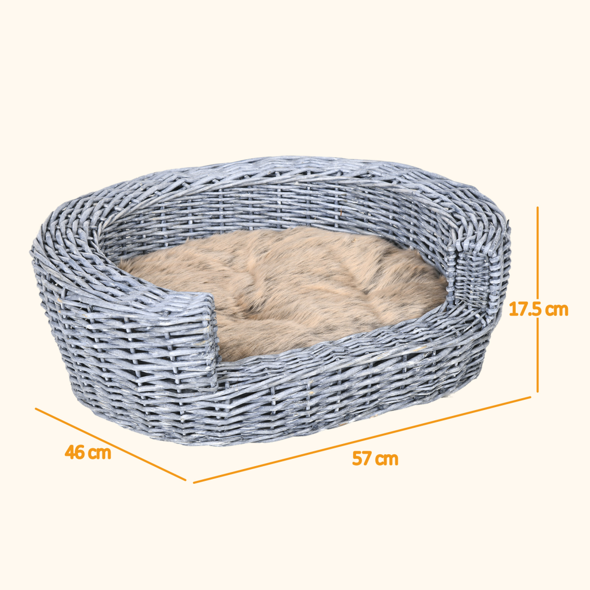 Vintage Rattan Cat Bed with Reversible Cushion – Grey & Cream