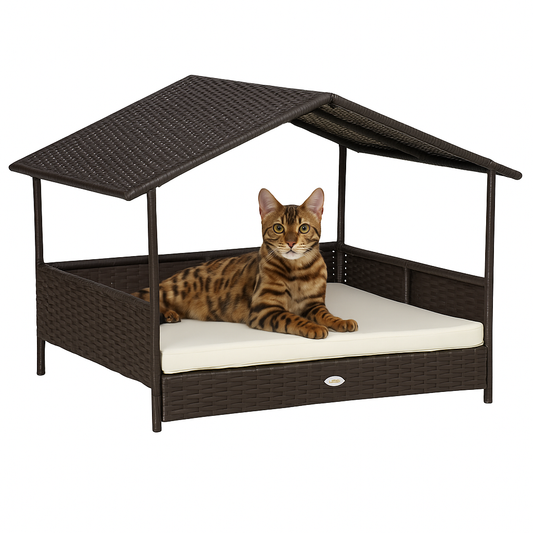 Rattan Cat Lounger with Canopy – Dark Brown & Cream