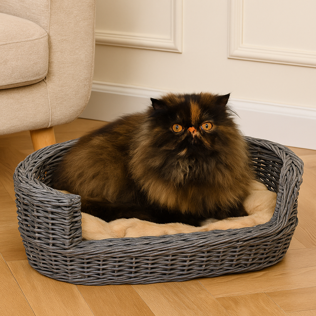 Vintage Rattan Cat Bed with Reversible Cushion – Grey & Cream