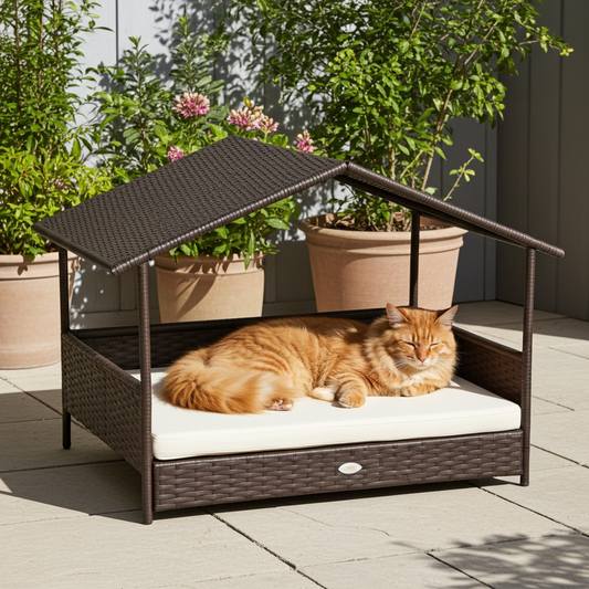 Rattan Cat Lounger with Canopy – Dark Brown & Cream